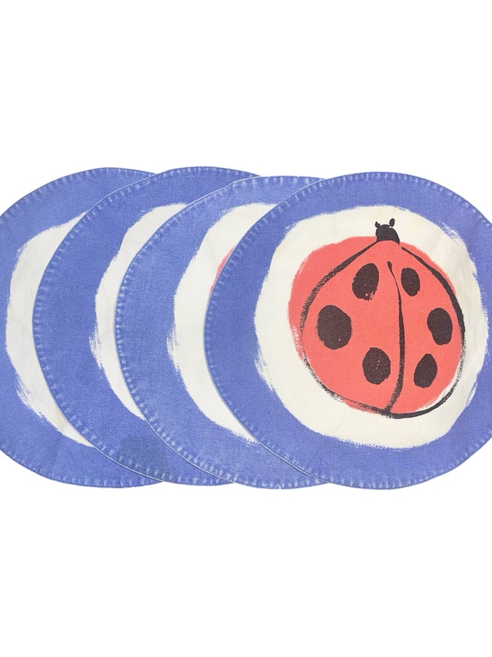 Set of 4 Round Ladybug Placemats 15” Blue White Cotton Cottage Farmhouse